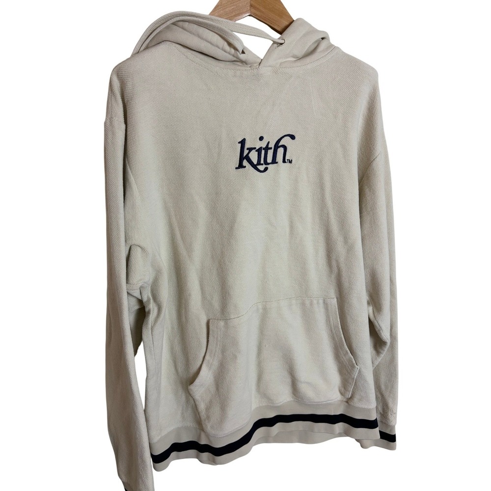 Kith Script Logo Textured Cotton Hoodie Cream Navy Mens Pullover‎